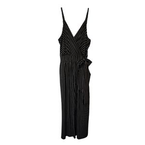 Kaileigh brand black and white pinstripe capri jumpsuit pantsuit